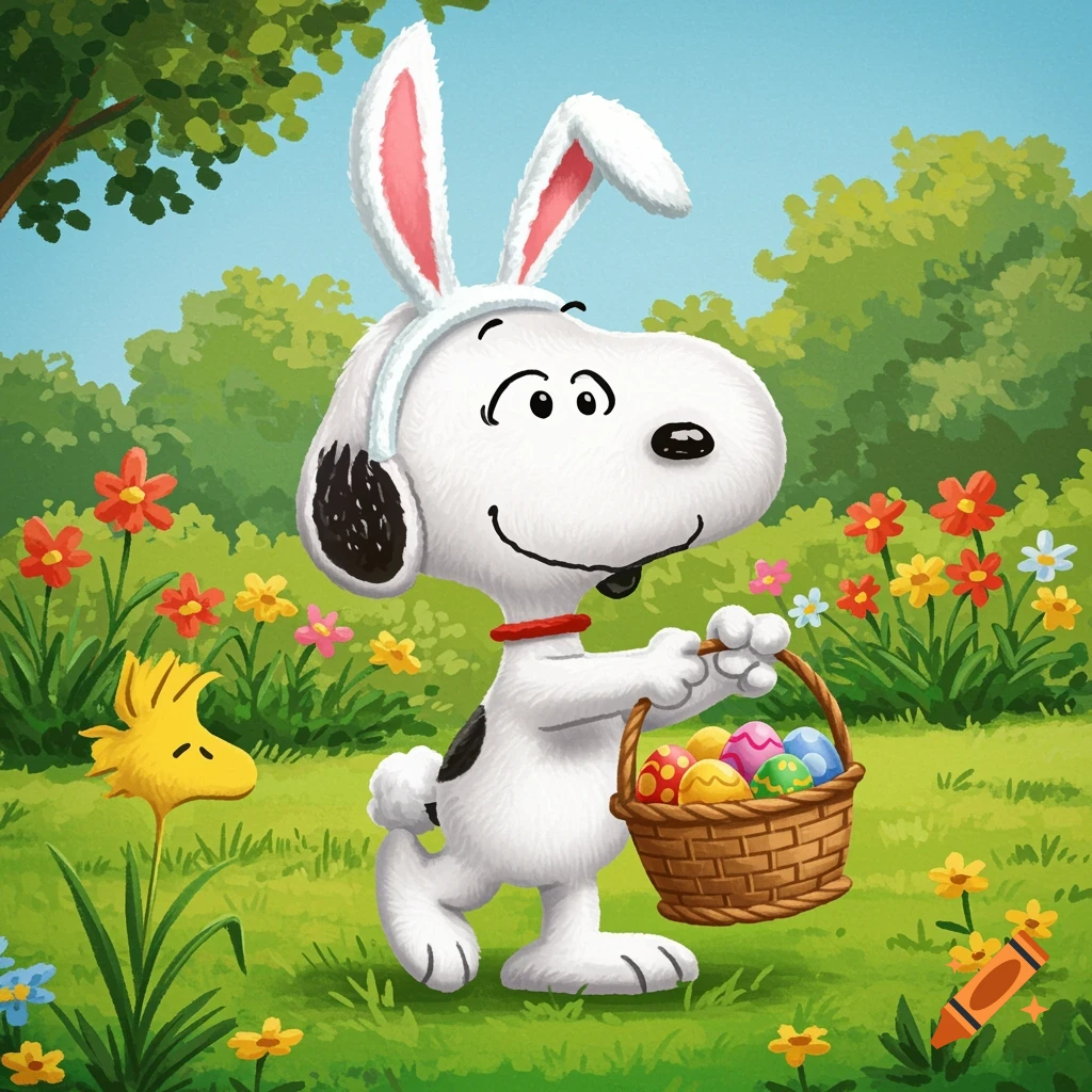 Snoopy dressed as Easter Bunny holds a basket of eggs in a flowery garden, cartoon style.