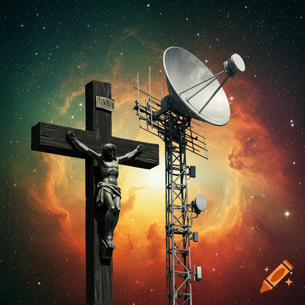 Crucifix and microwave antenna against a colorful space nebula background.