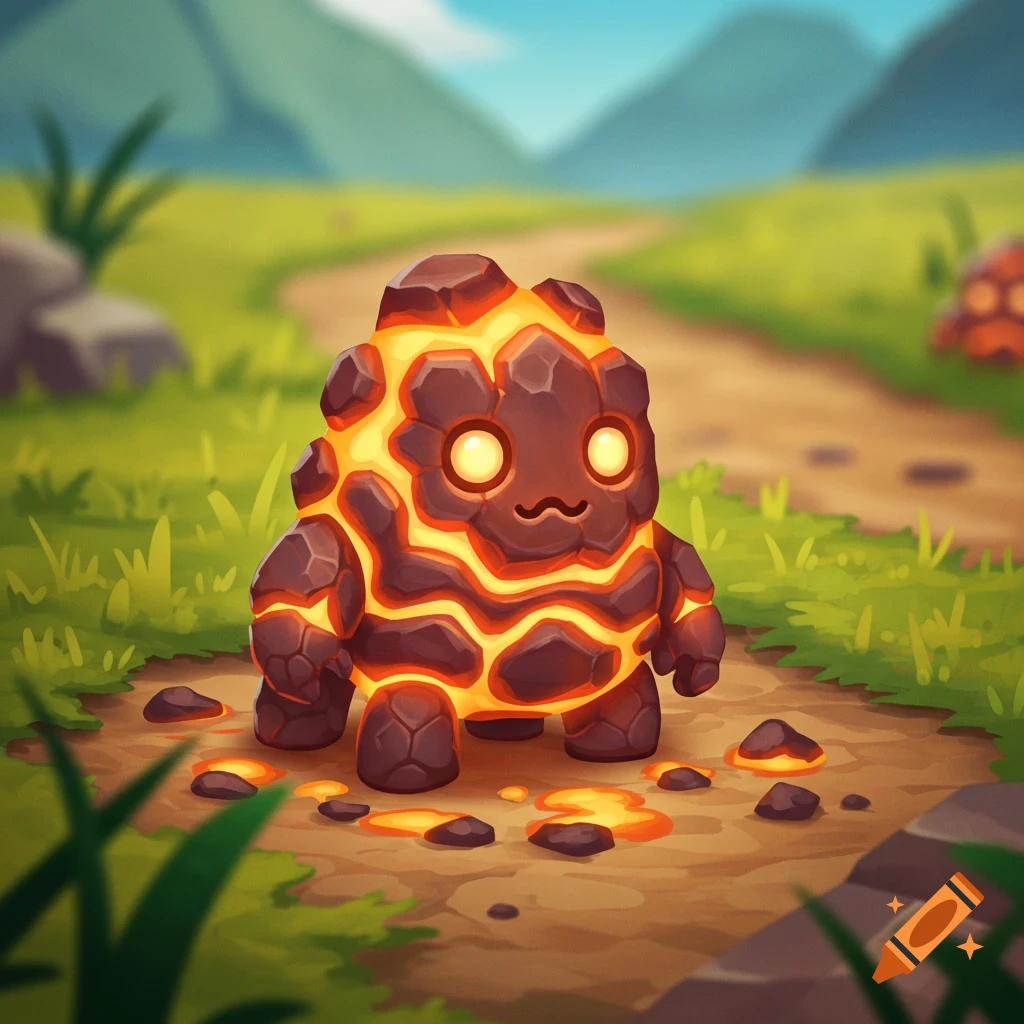 A cute, round lava creature with glowing cracks and large eyes stands on a dirt path in a cartoon landscape.