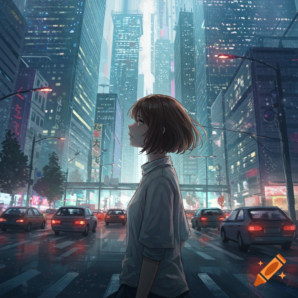 A young woman stands in a busy, rainy city street surrounded by tall buildings and traffic, anime illustration style.