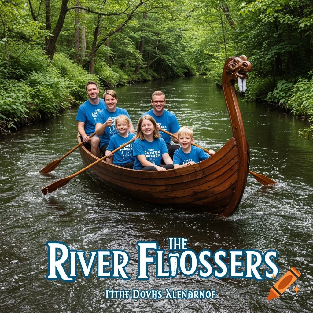 A family with kids paddling a small viking boat down a tree-lined river with a logo overlay.