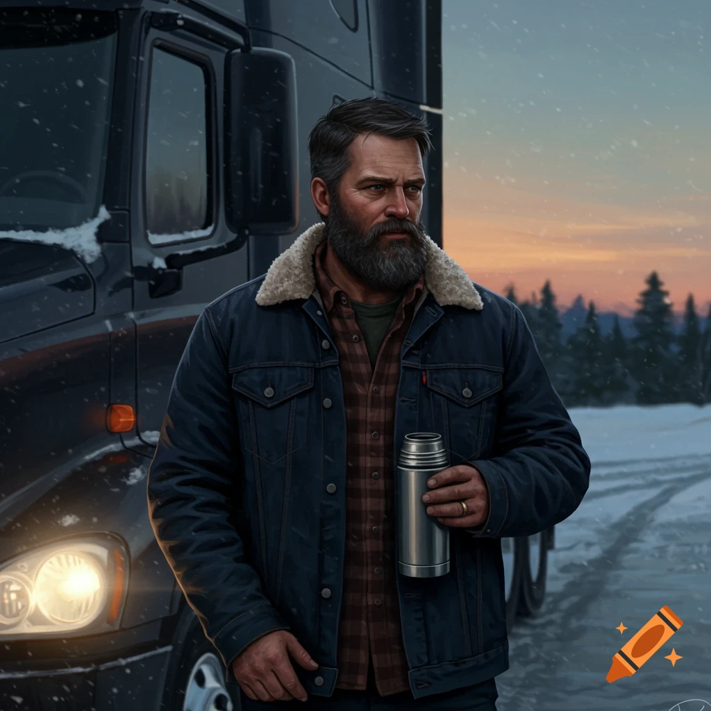 A bearded trucker holds a thermos next to his truck in a snowy sunset landscape.