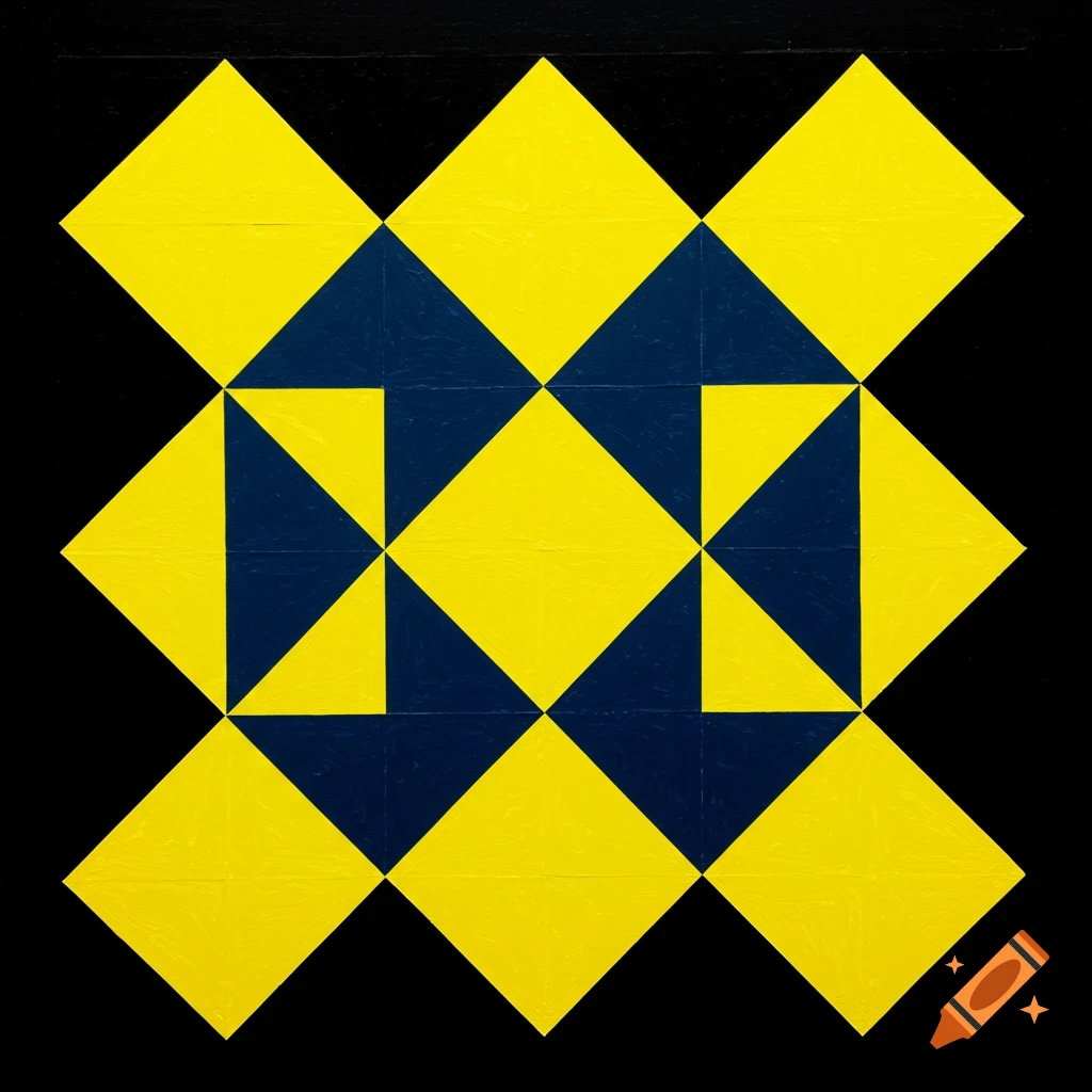 Geometric pattern of yellow squares and blue triangles forming diamond shapes on a black background.