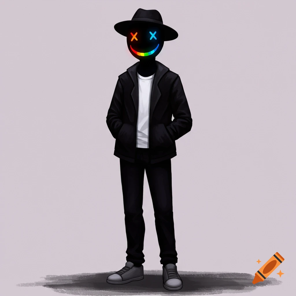 A stylized person in black clothes and hat, with a black face featuring rainbow X eyes and a rainbow smile.