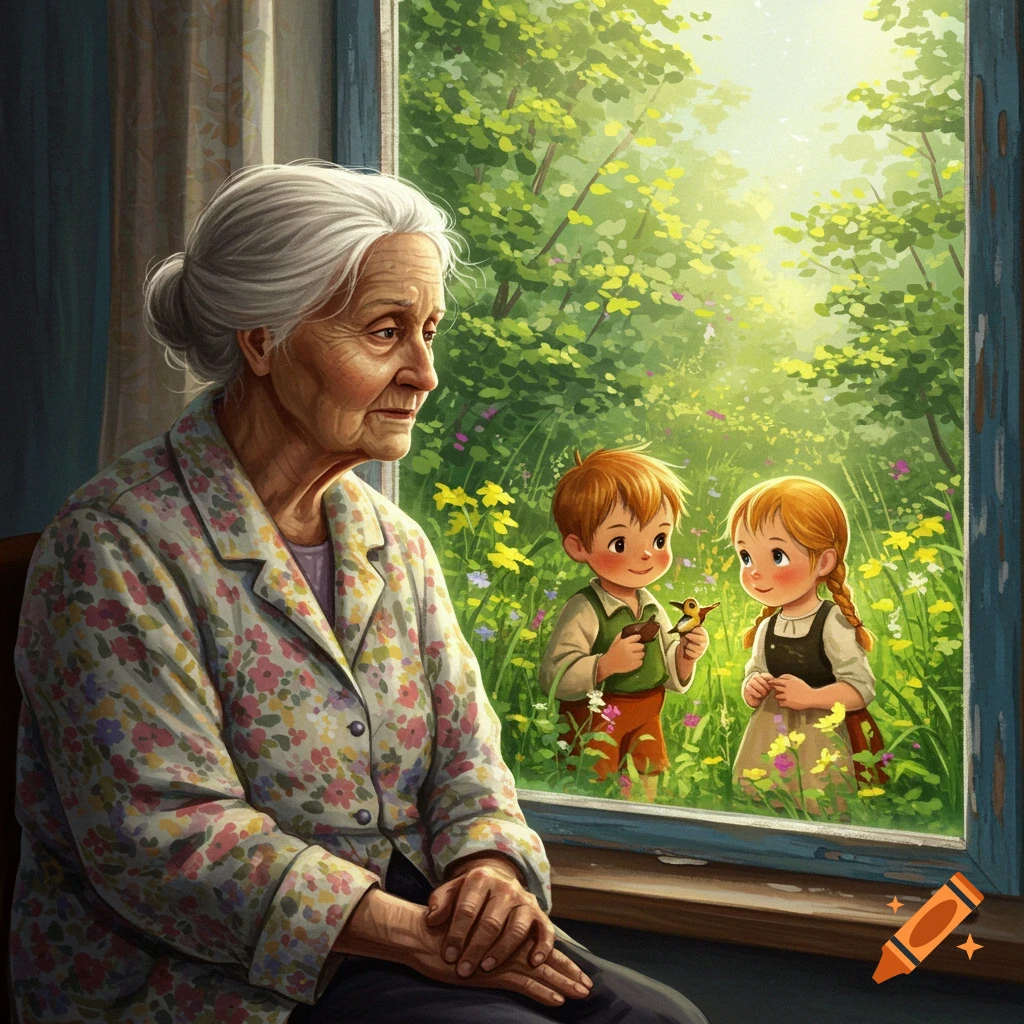 An elderly woman is looking out a window at two children playing in a sunlit garden.