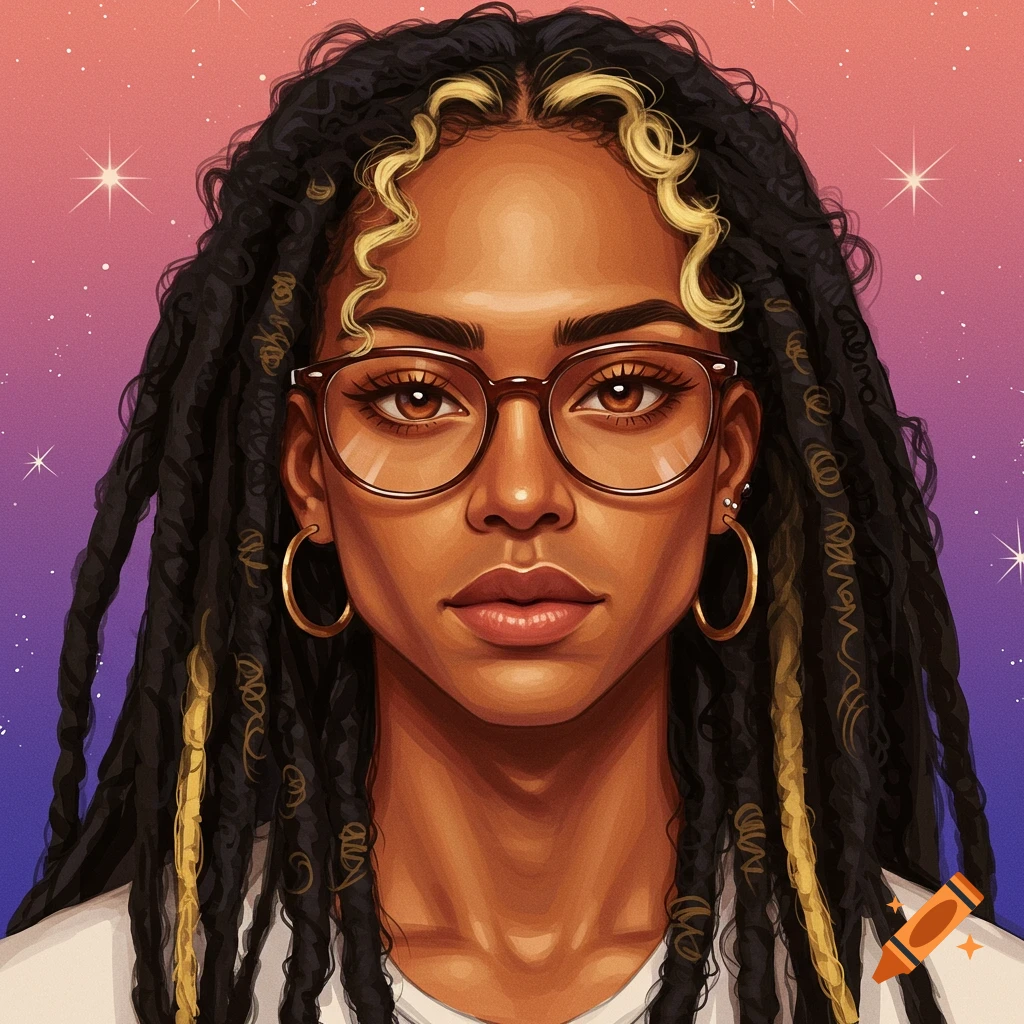 A woman with dreadlocks and glasses against a starry background.
