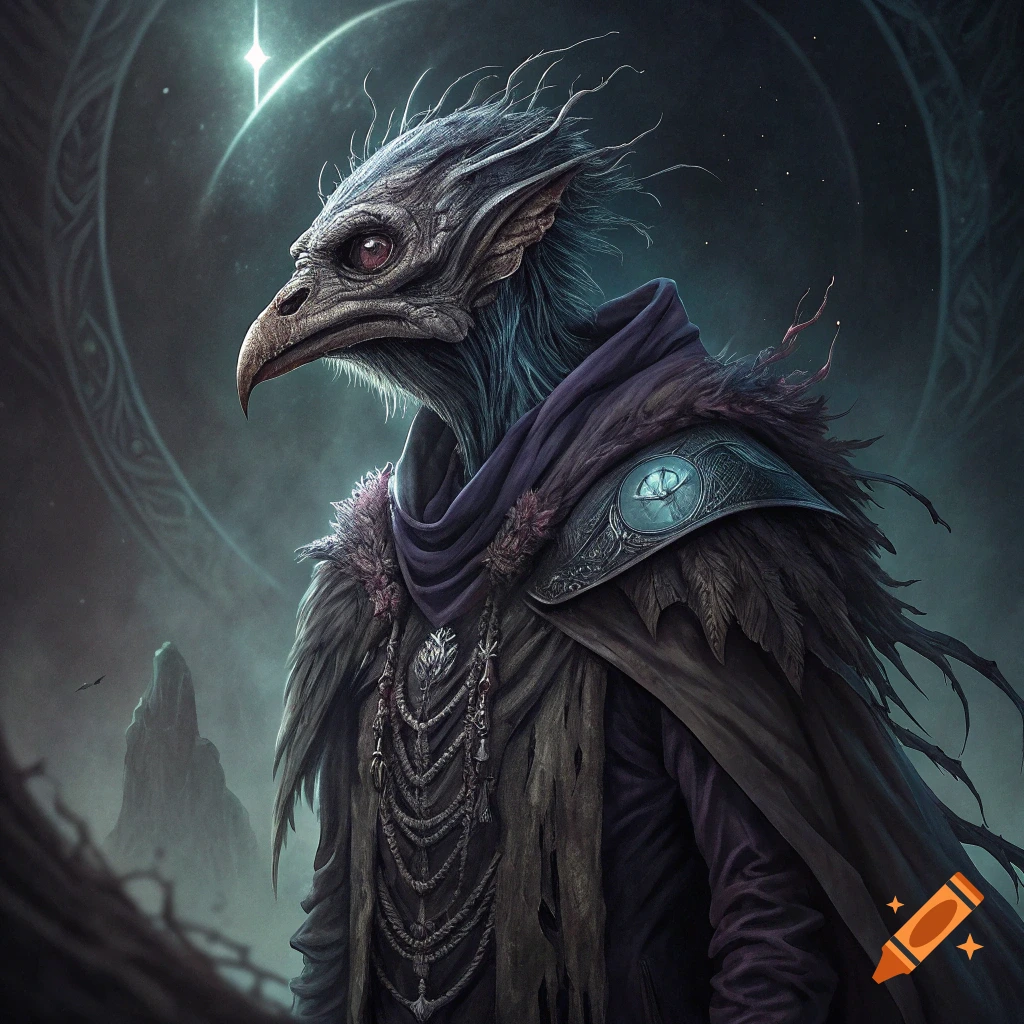 A bird-like fantasy creature wearing a hooded cloak and armor stands in a dark, mystical setting.
