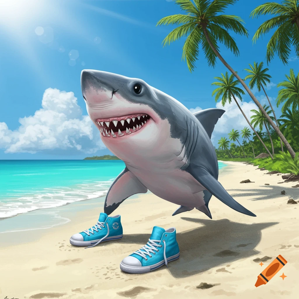 A shark wearing blue tennis shoes stands on a beach with palm trees.