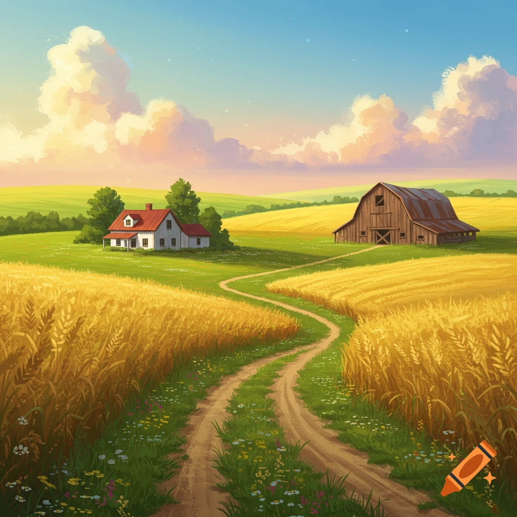 A farm landscape with a house, barn, winding road, and golden fields under a cloudy sky.