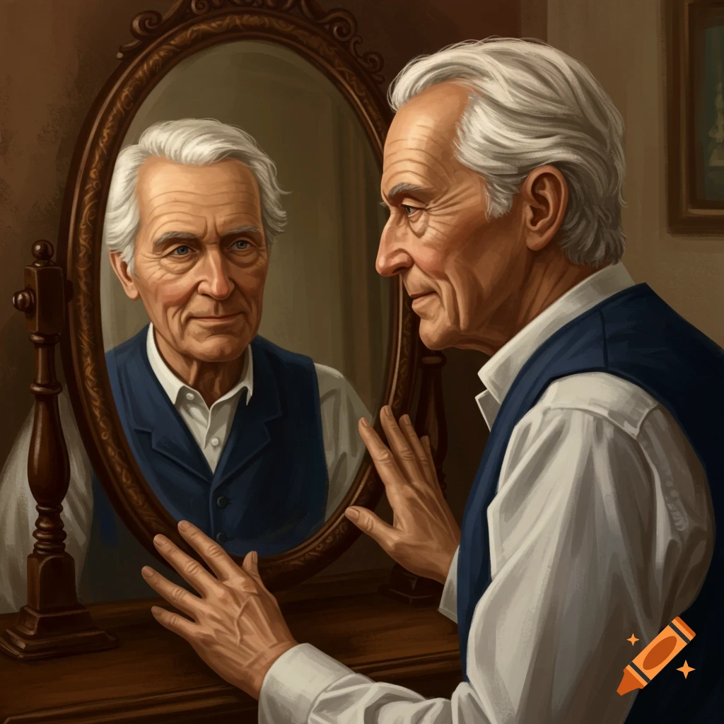 An old man in a vest looks at his reflection in a mirror.