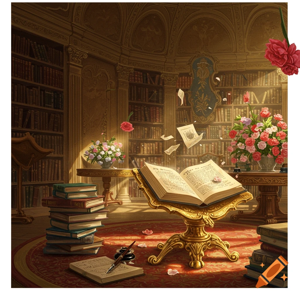 An open book sits on a stand in a sunny library filled with books and flowers