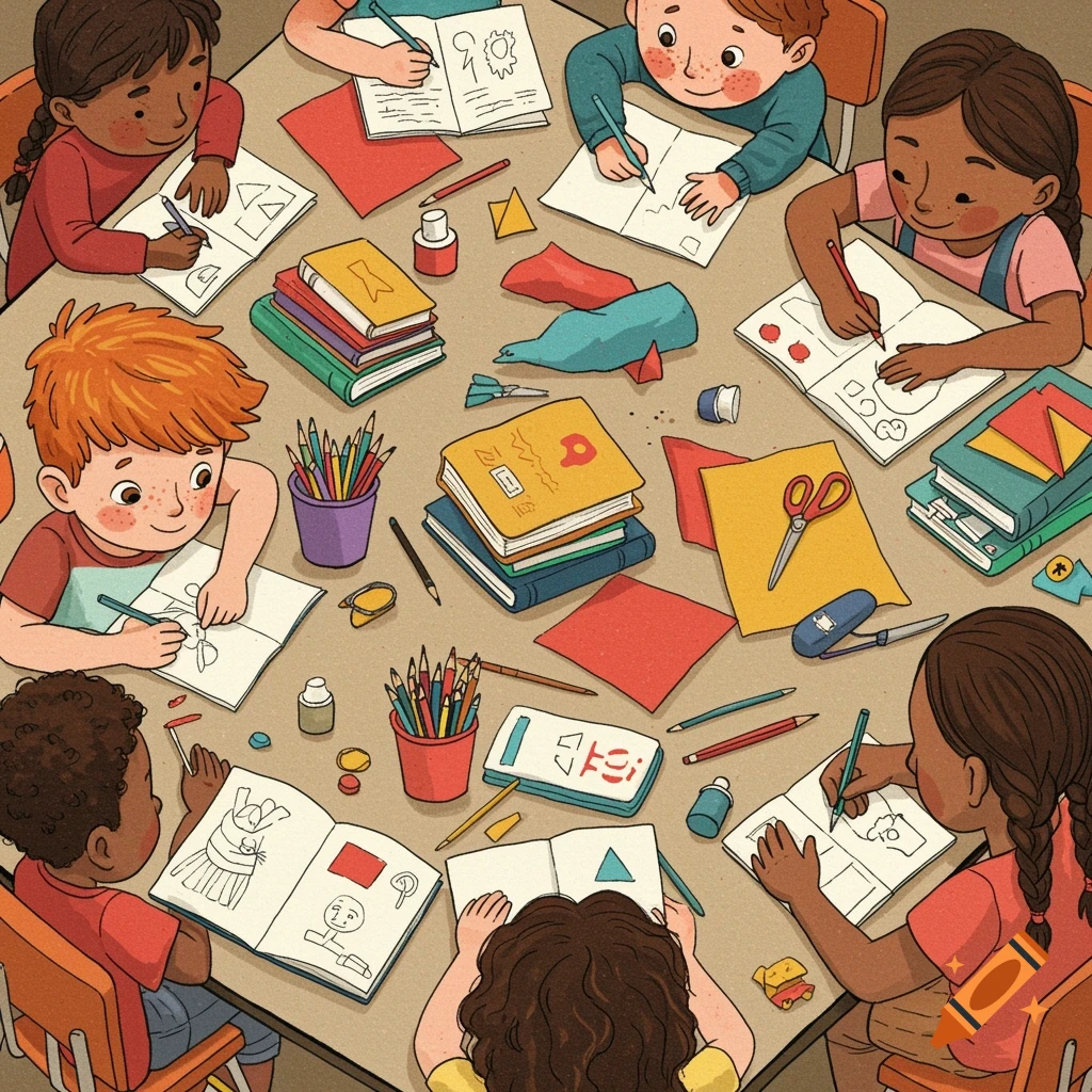 Diverse group of children drawing and doing art projects at a table, in a whimsical style.