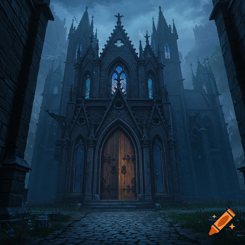 A dark gothic cathedral with tall spires and blue windows, seen from a cobblestone path.