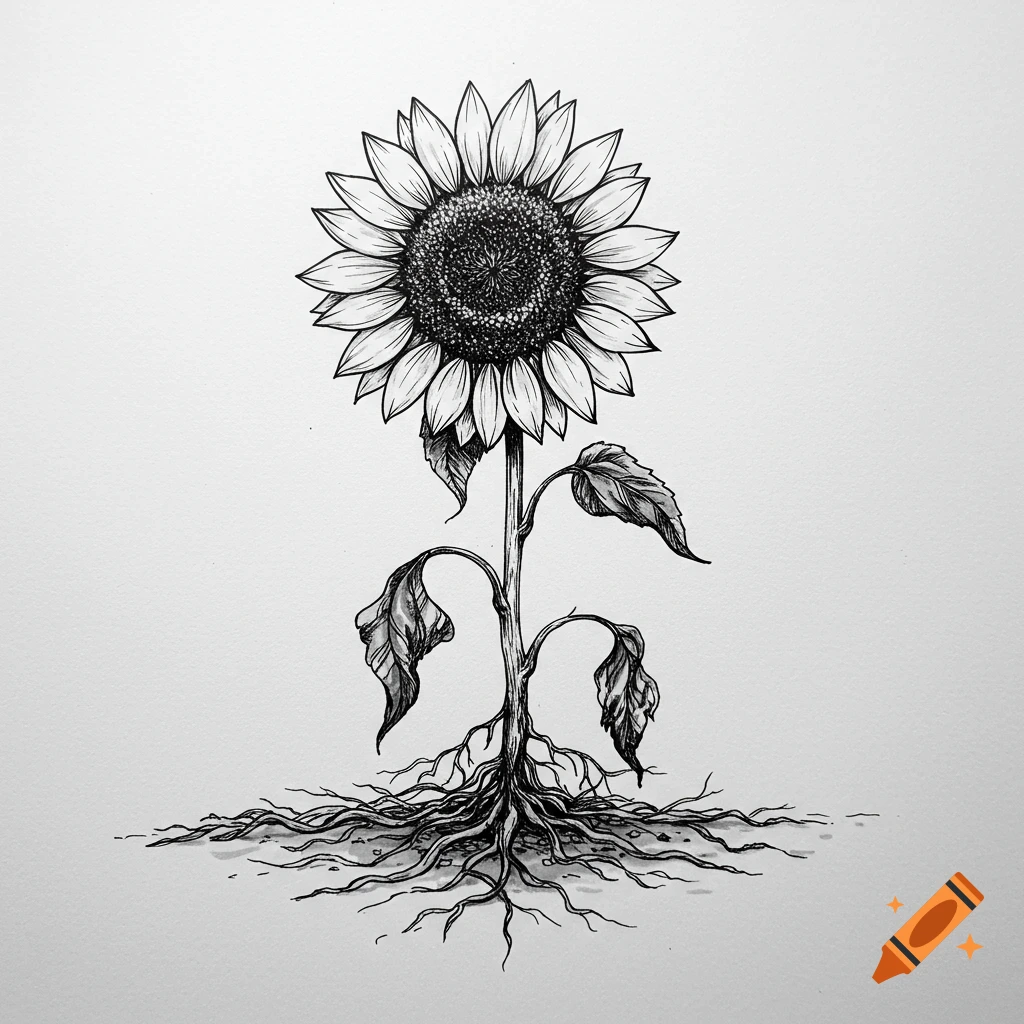 Black and white sketch of a sunflower with exposed roots and wilting leaves.