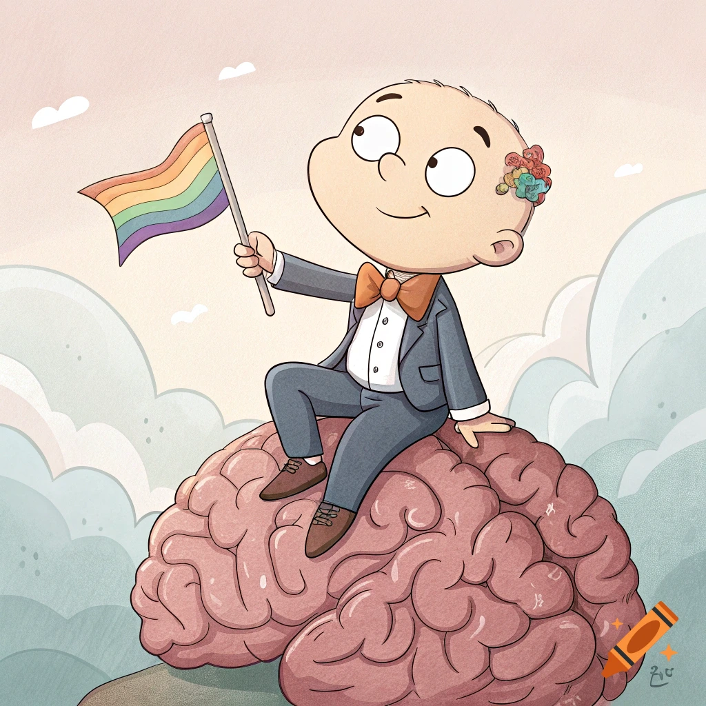 Cartoon character resembling Stewie Griffin sits on a brain, holding a rainbow flag.
