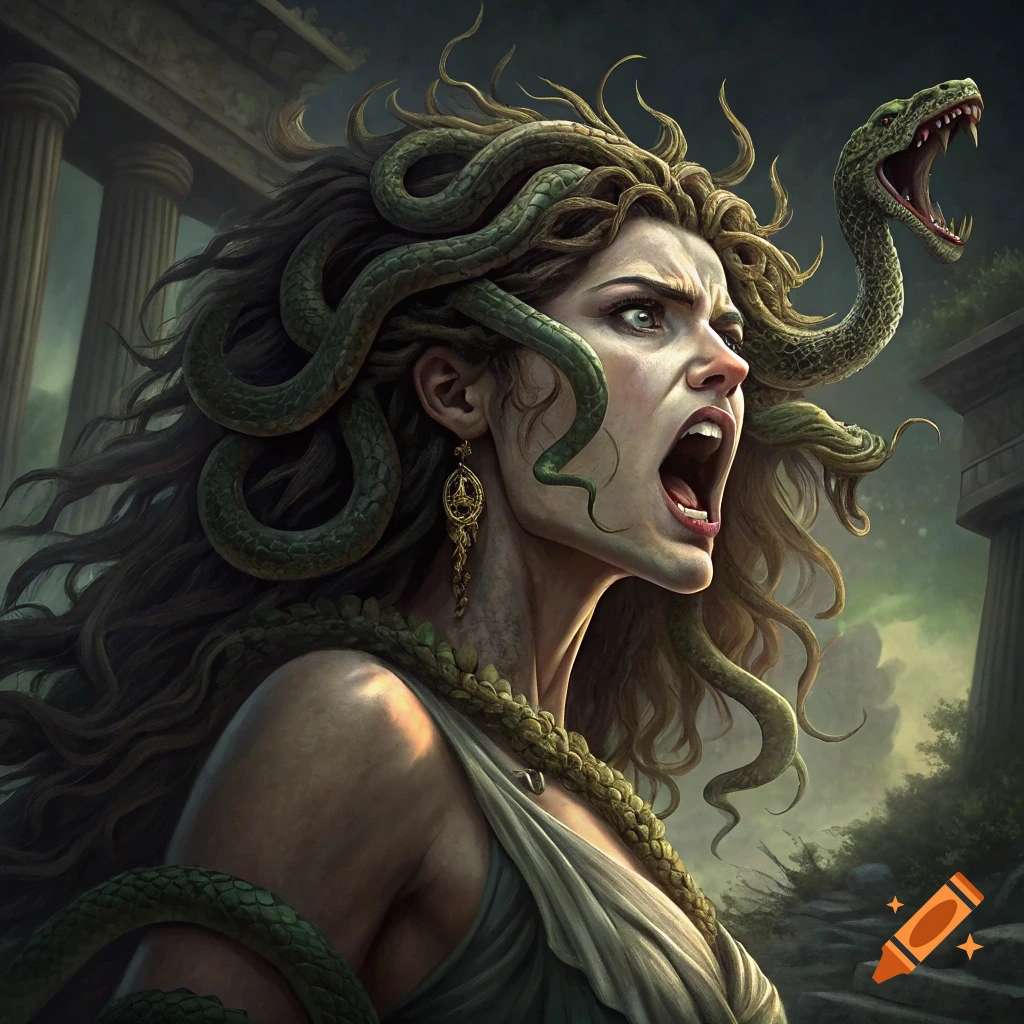 Portrait of Medusa with snakes for hair, screaming in ancient ruins.