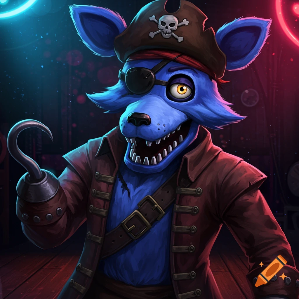 A blue pirate fox with an eyepatch and hook hand.