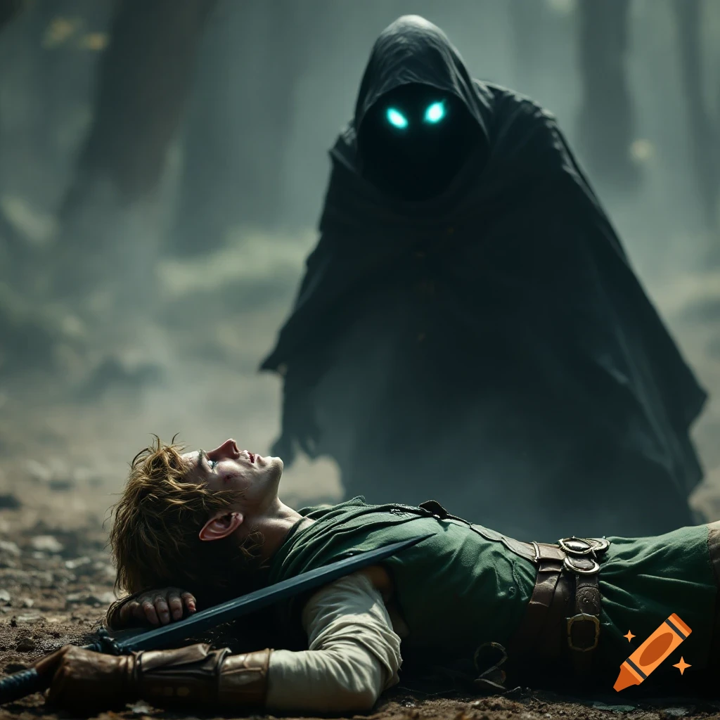 Cinematic photo of a fantasy hero like Link lying injured on a forest floor, while a dark hooded figure with glowing blue eyes stands over him.