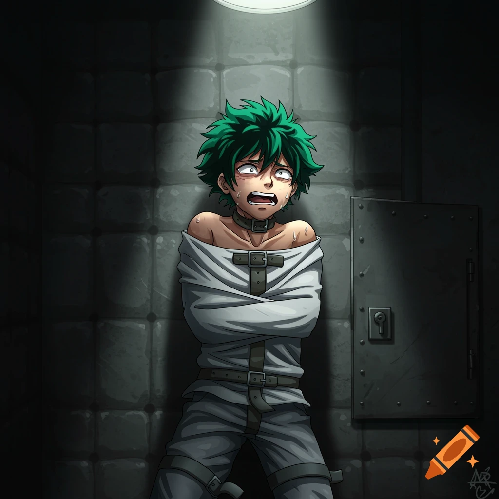 Anime boy with green hair in a straitjacket in a dark padded cell, looking distressed, anime style.