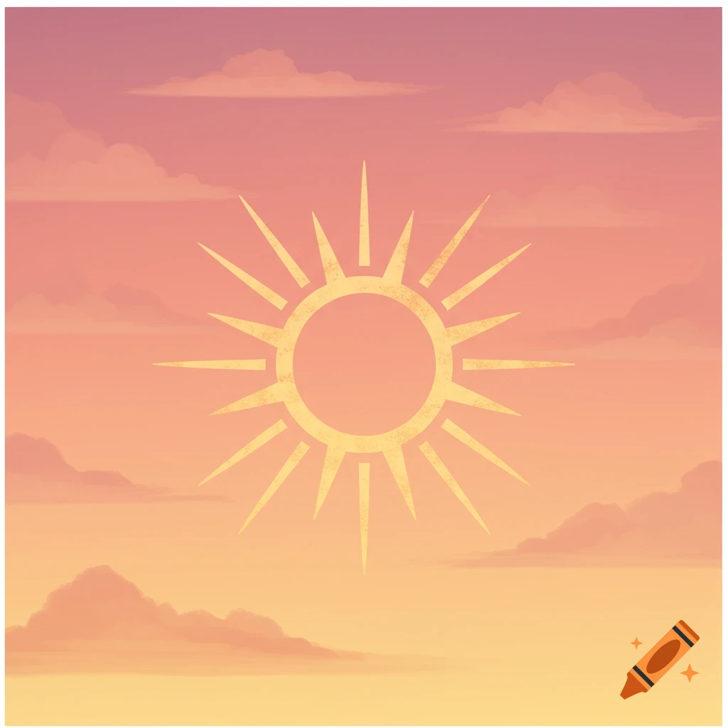 A stylized sun emblem in a pink and orange sky with clouds.