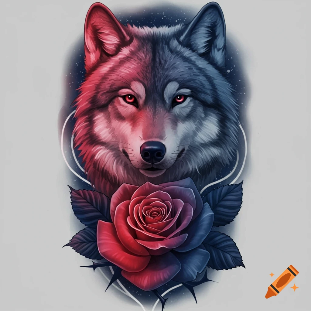 A wolf head and a rose, styled like a tattoo, with red and blue highlights.
