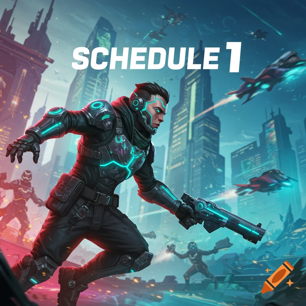 A futuristic soldier runs with a gun through a cyberpunk city with flying ships.