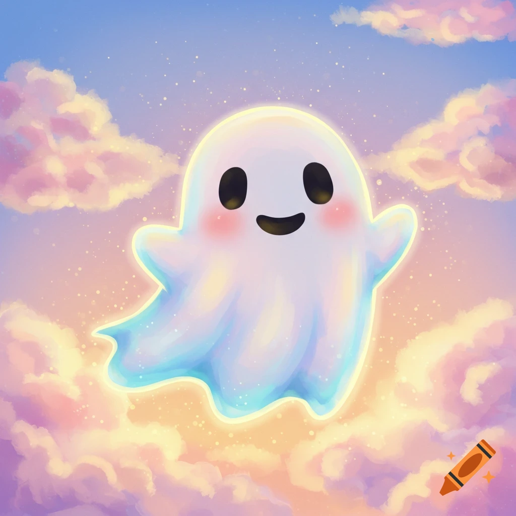 Cute glowing ghost floating in pastel clouds
