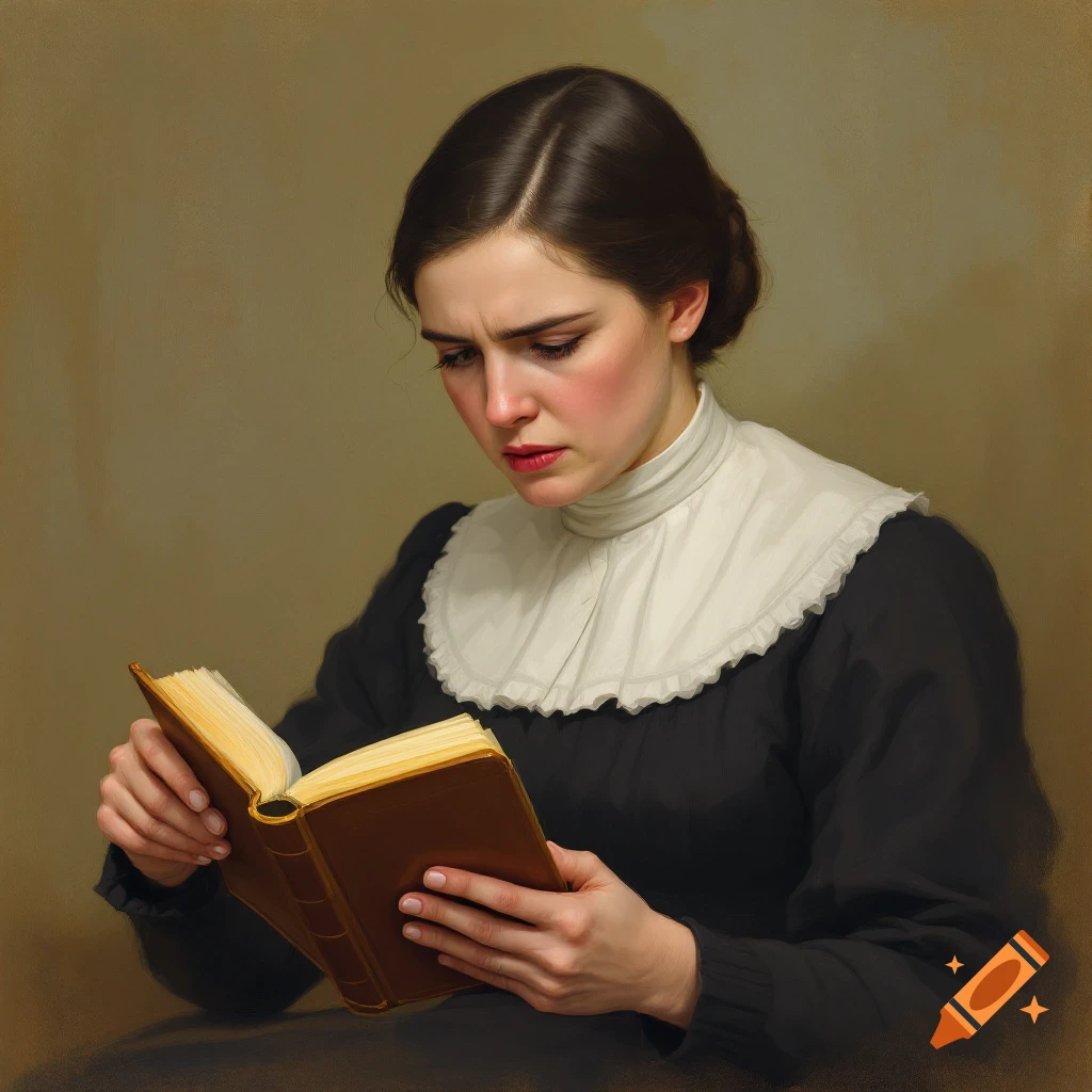 A woman in historical dress looking unhappy while reading a book