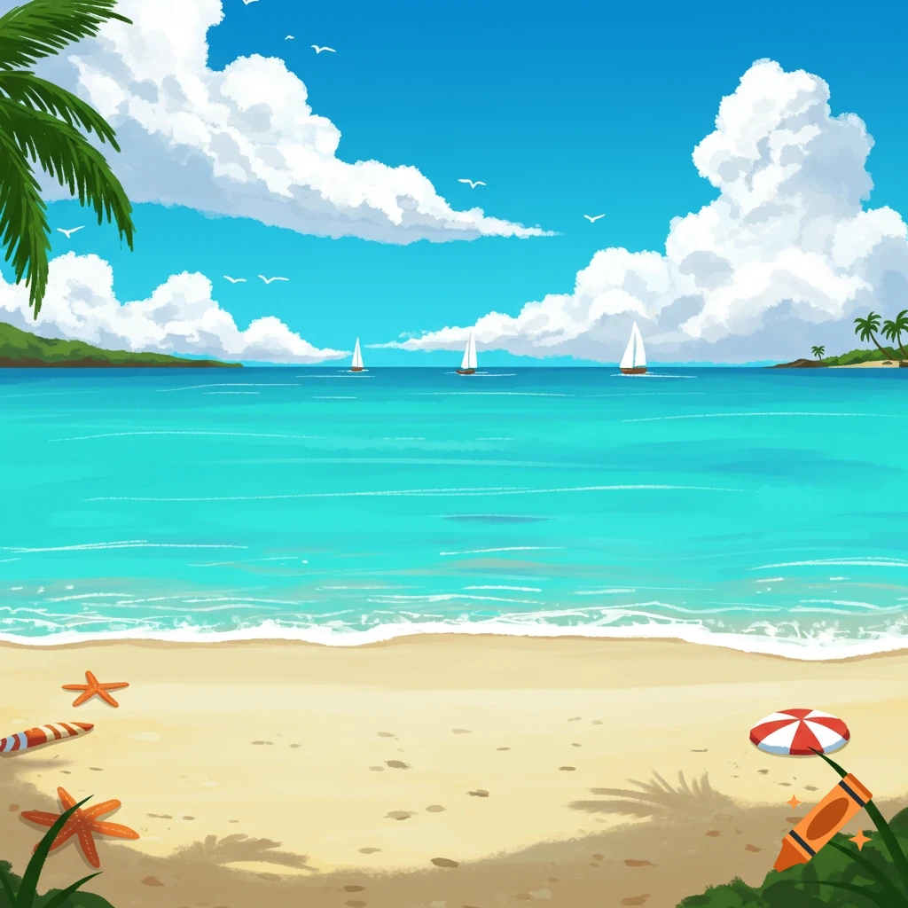 A sunny tropical beach with turquoise water, sailboats, palm trees, and starfish.