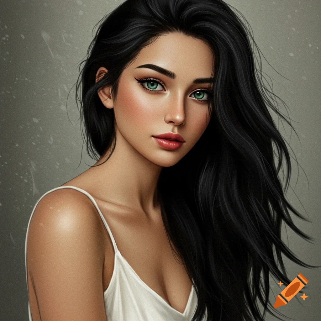 a woman with long black hair and green eyes.