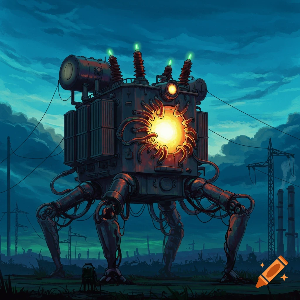 A transformer robot stands in a desolate industrial landscape under a cloudy sky.