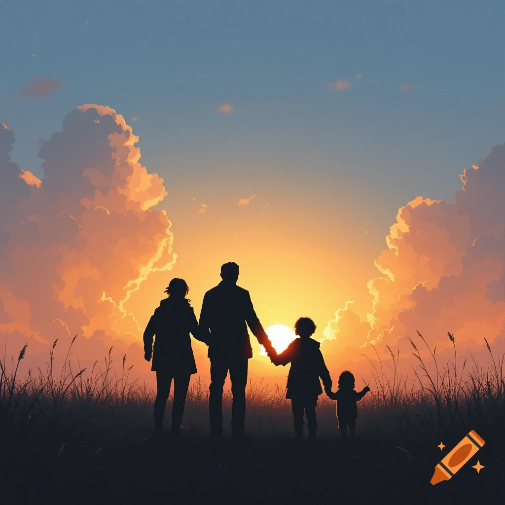Silhouette of a family holding hands in tall grass at sunset, digital illustration.