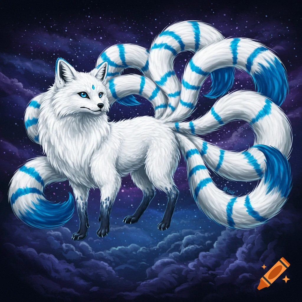 A white fox with blue striped tails stands on clouds against a starry sky