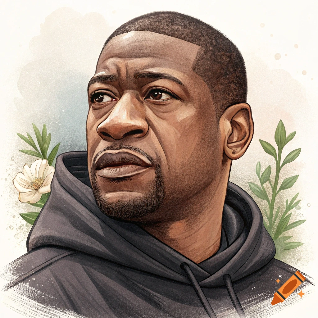 Stylized watercolor portrait of a man in a hoodie looking up, with plants in the background.