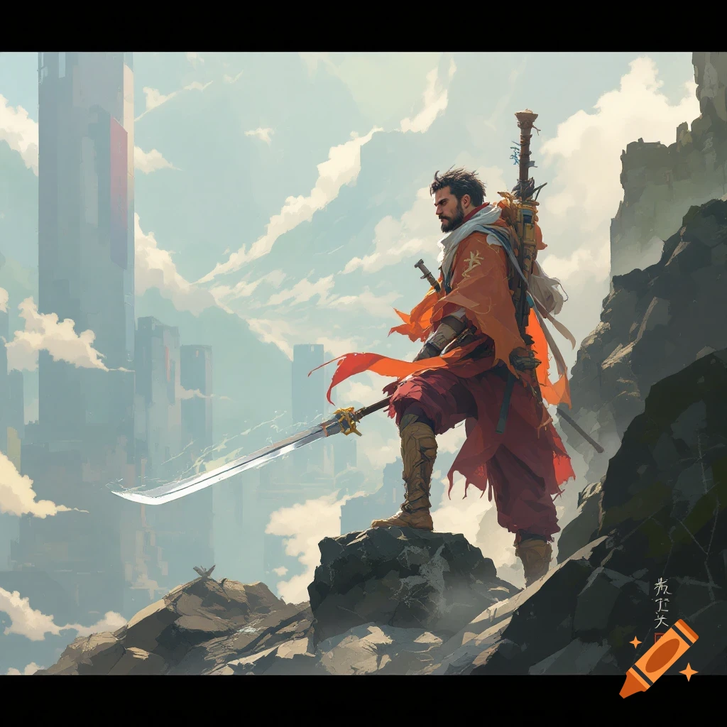 A warrior character in orange robes stands on a rock outcrop holding a sword, looking at futuristic buildings in the distance. Digital art.