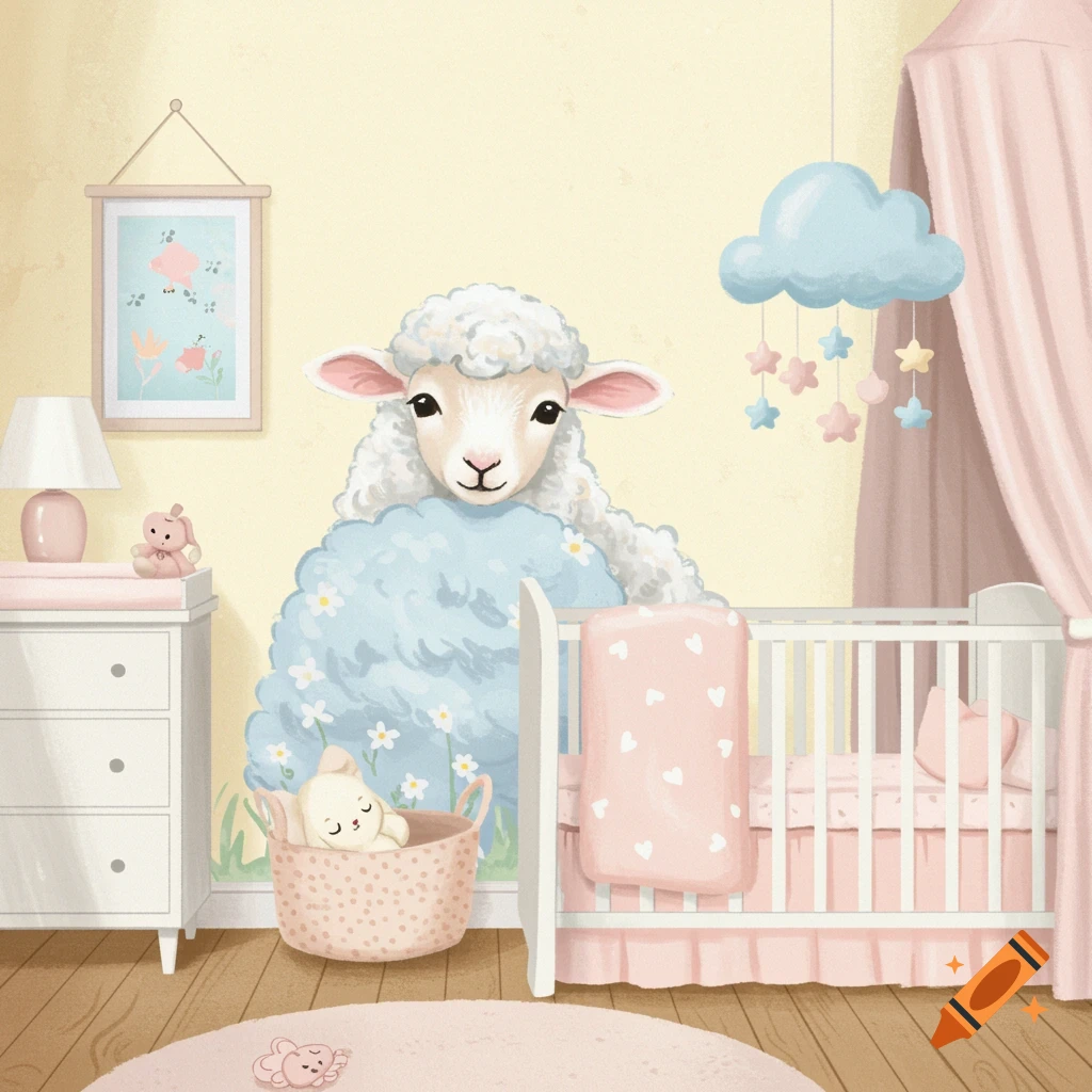 Whimsical sheep peeking from behind a blue cloud mobile above a crib in a pastel baby nursery.