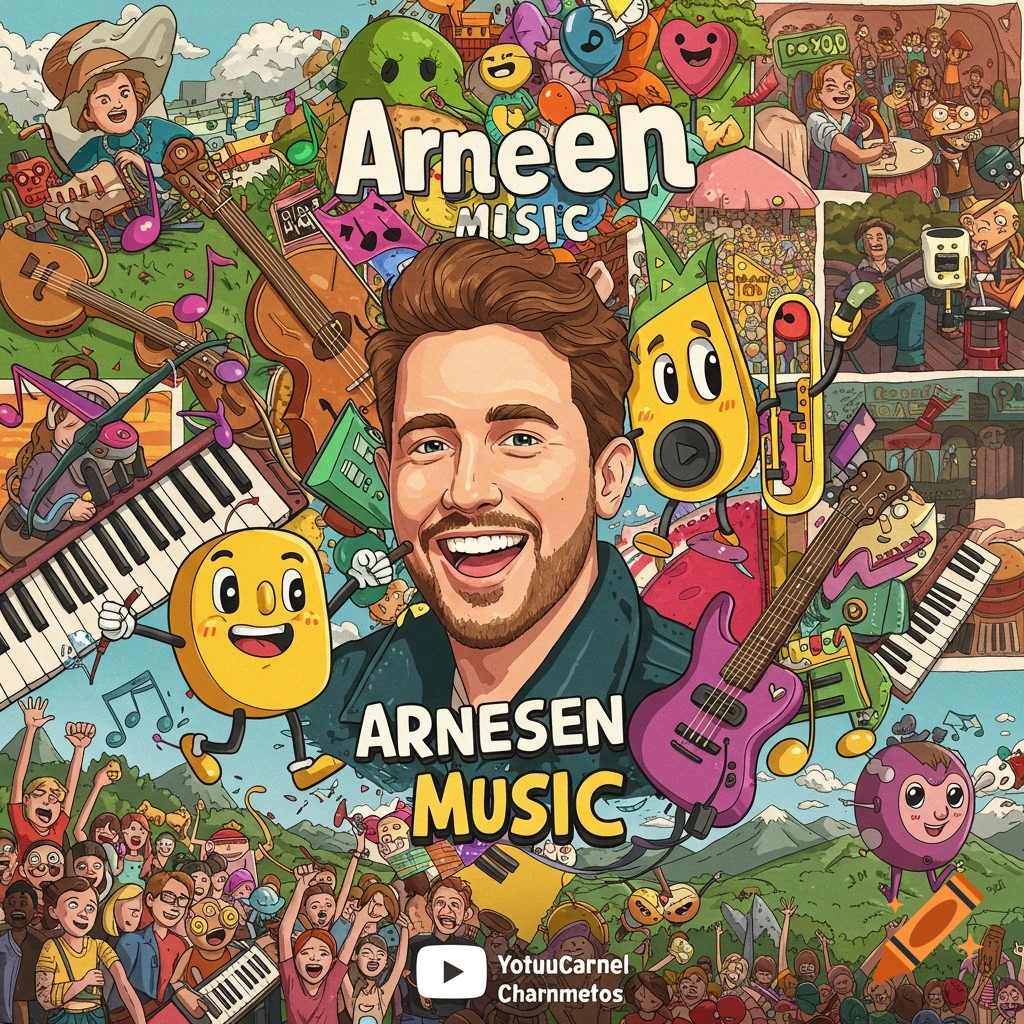 Colorful cartoon illustration of a man with musical instruments, characters, and a crowd, with text 'ARNESEN MUSIC'.