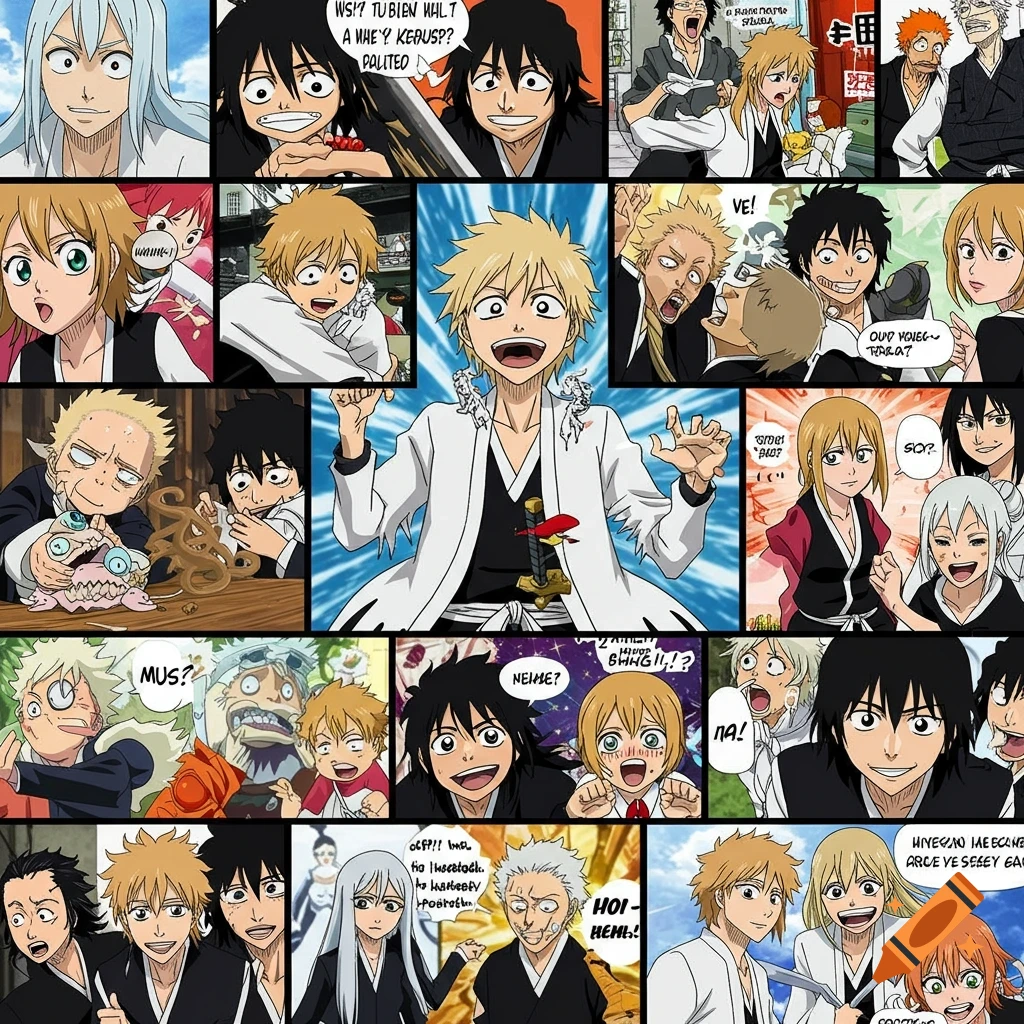 Collage of panels with anime characters from Bleach making funny faces and expressions, like a meme or manga page.