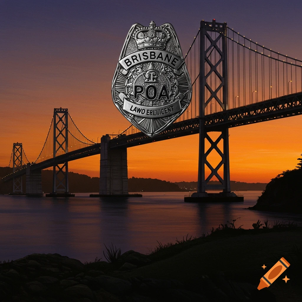 A silver police badge over the San Francisco Bay Bridge at sunset.