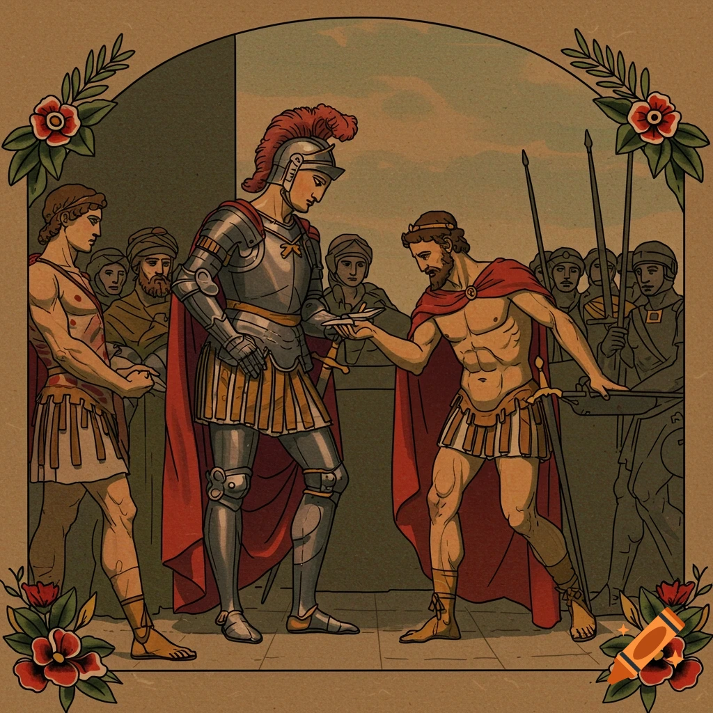 A historical scene in traditional tattoo flash style showing an armored figure receiving a dagger from another.