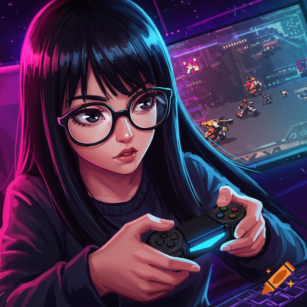 A gamer girl with black hair and glasses playing a video game with a controller