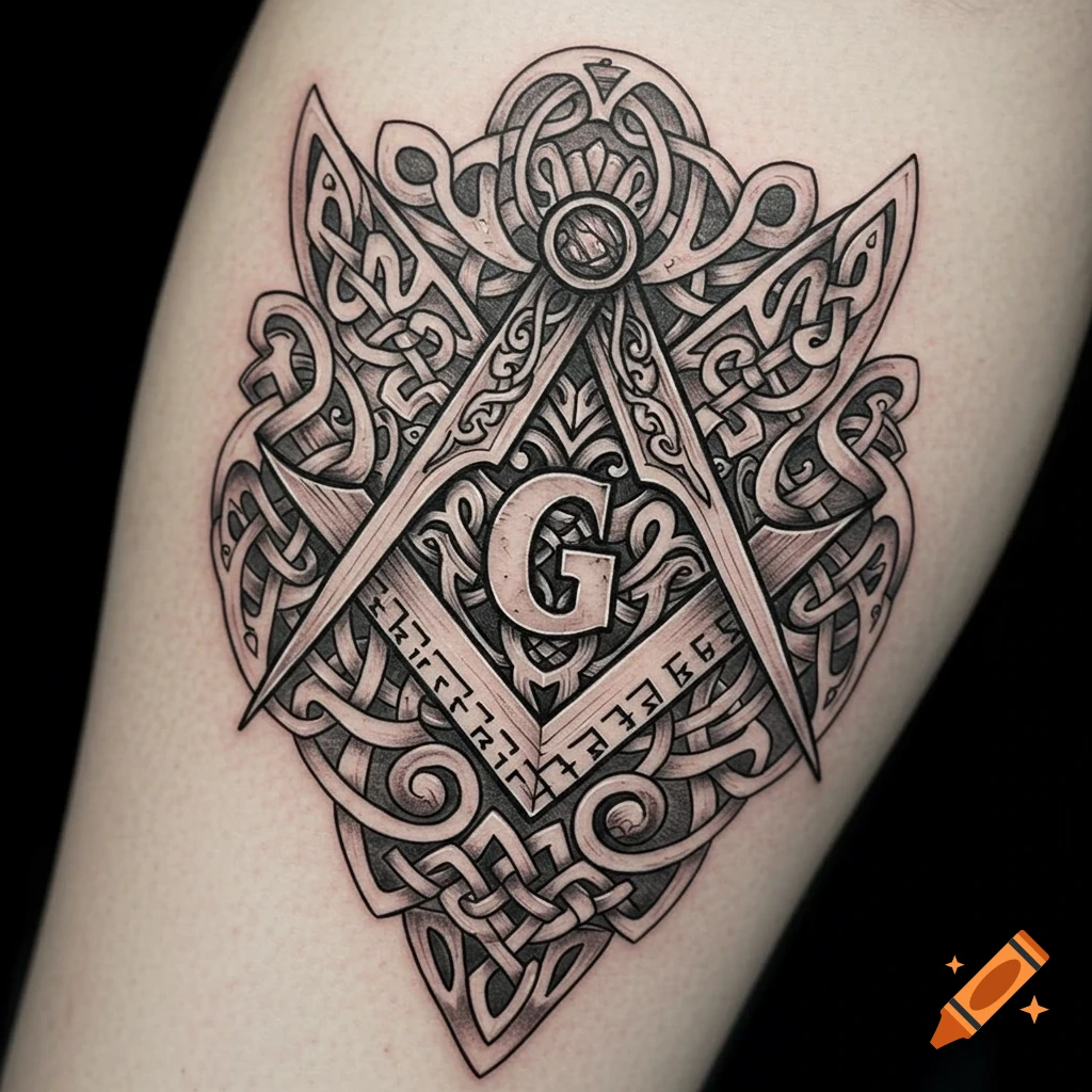 Black and white tattoo of a Masonic compass and square with G, intricate Celtic knotwork surrounding it.
