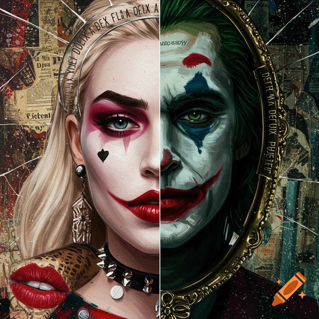 Split portrait collage resembling Harley Quinn and Joker with newspaper elements. Digital art.