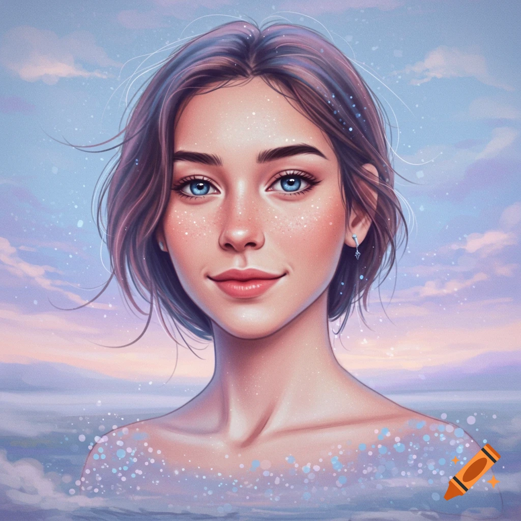 A portrait of a young woman with blue eyes and freckles smiling in a sky and water background with sparkles.