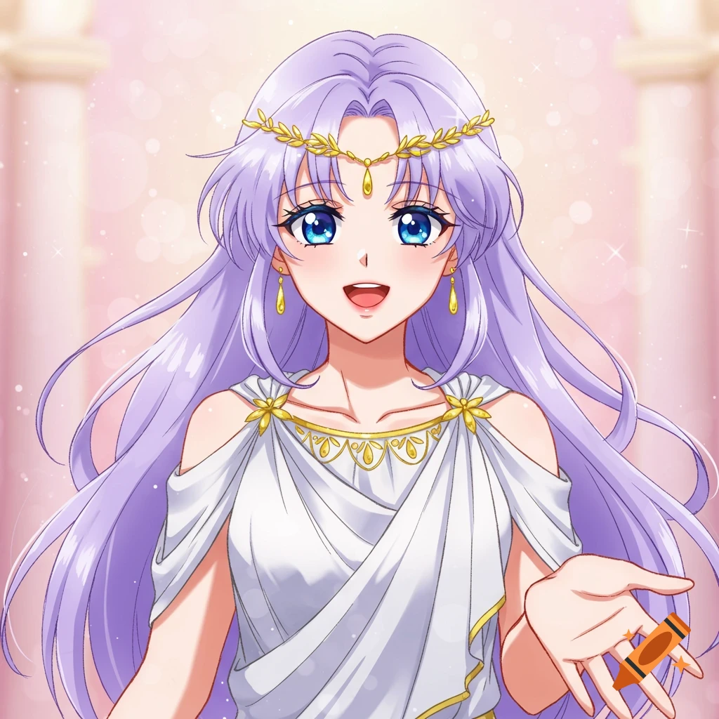 Anime portrait of Aphrodite with purple hair and a white dress