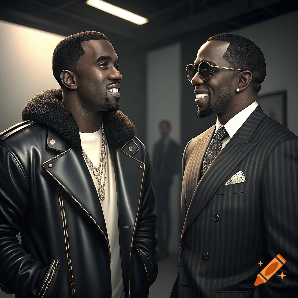 Two men resembling Kanye West and Diddy looking at each other.