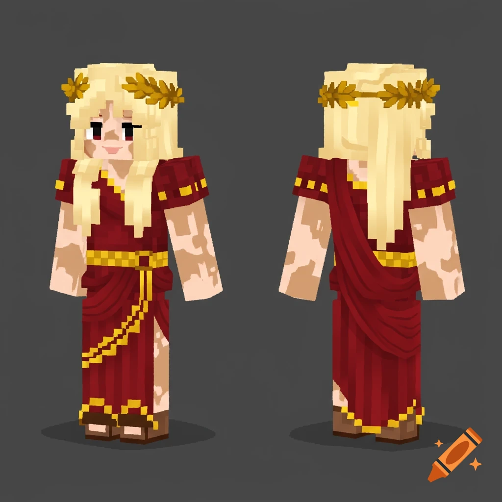 Minecraft skin of a girl with blonde hair and vitiligo wearing a red and gold Roman empress dress.