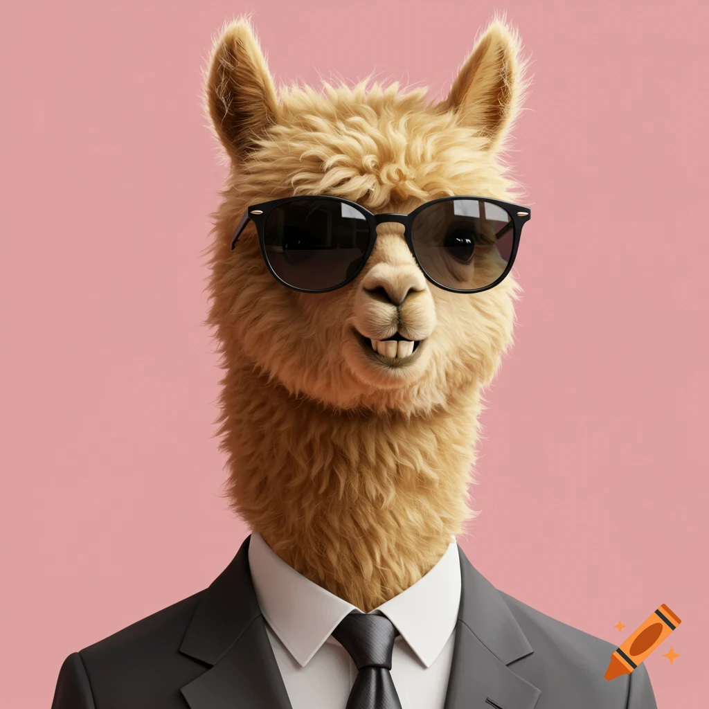 An alpaca wears a suit and sunglasses against a pink background.