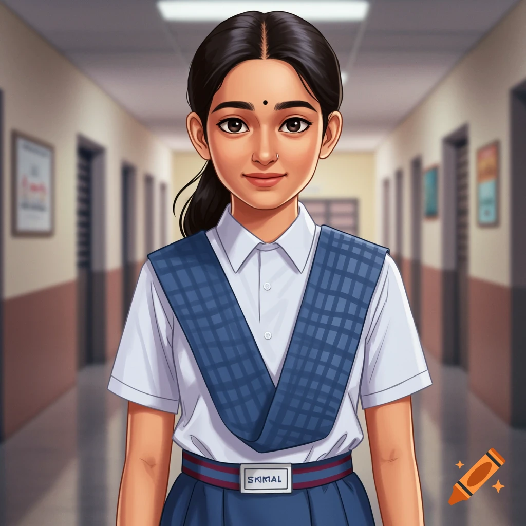 A young girl in an Indian school uniform stands in a hallway.
