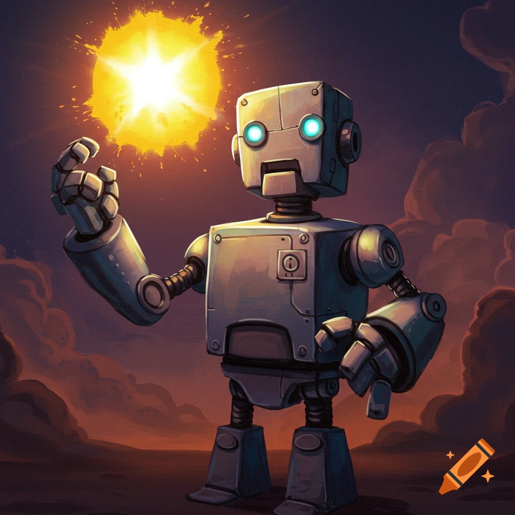 A cartoonish metal robot holding a glowing yellow orb in its hand.